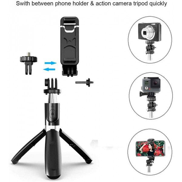 Heavy Duty 3 in 1 Aluminum Wireless Bluetooth Extendable Selfie Stick with Tripod Stand (Black)