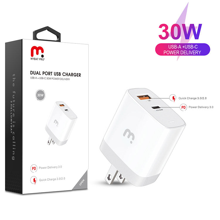 MyBat Pro Fast Charging Wall Charger with Dual Port USB-A QC3.0 and USB-C Power Delivery (30W) - White