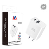 Cargador de pared de doble puerto MyBat (suministro de energía USB-A + USB-C de 22 W) - Blanco