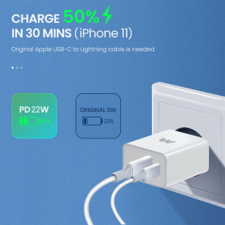 MyBat Dual Port Wall Charger (USB-A + USB-C 22W Power Delivery) - White