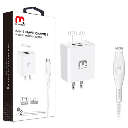 Carregador de viagem MyBat Pro 2 em 1 com cabo micro USB de 6 pés - branco
