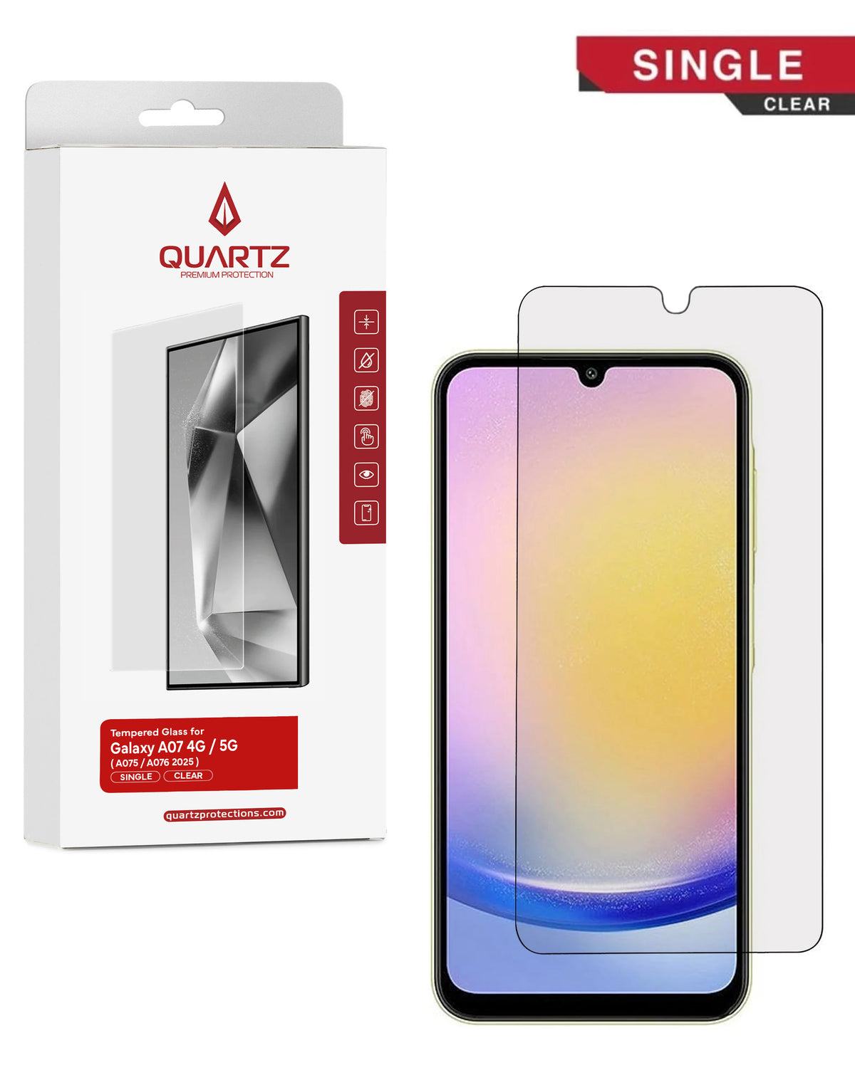 Vidrio templado transparente QUARTZ para Galaxy A05S (A057 / 2023) / A07 4G / 5G (A075 / A076 2025)