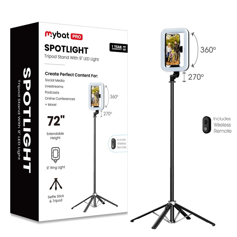 MyBat Pro SpotLight Tripod Stand with 9″ LED Light – Black