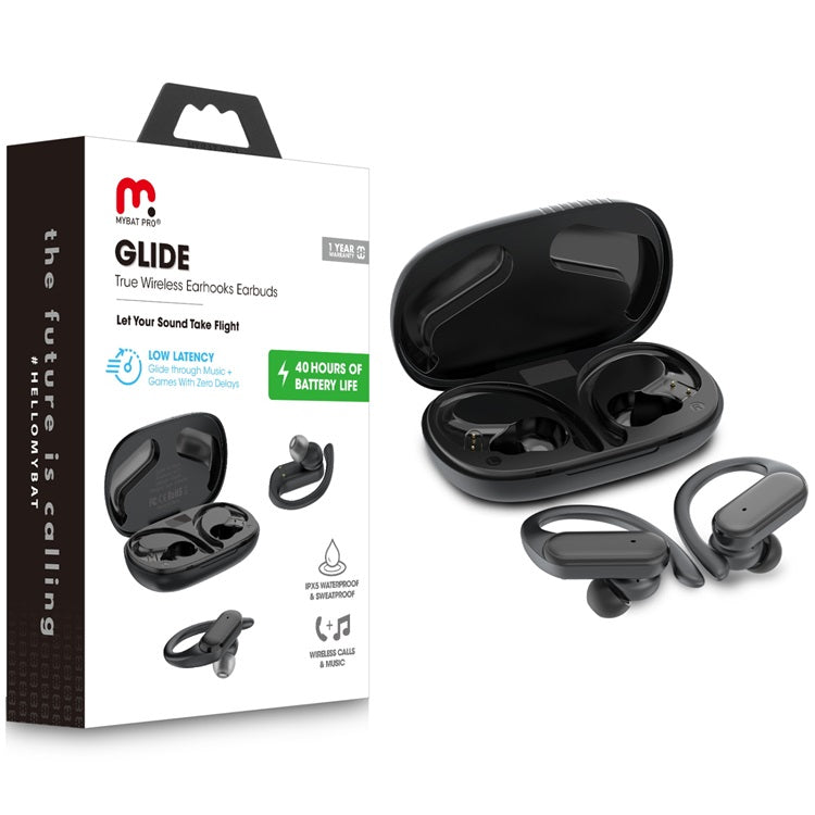 MyBat Pro Glide True Wireless Earhooks Earbuds with Charging Case - Black