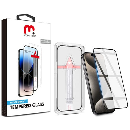 MyBat Pro QuickGuard Tempered Glass Screen Protector w/ Installation Tray for Apple iPhone 15 Pro Max (6.7) - Black