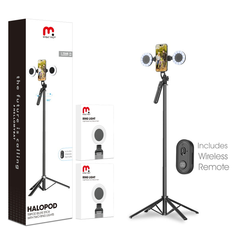 MyBat Pro HaloPod Tripod Selfie Stick with Two Ring Light & Balance Handle – Black