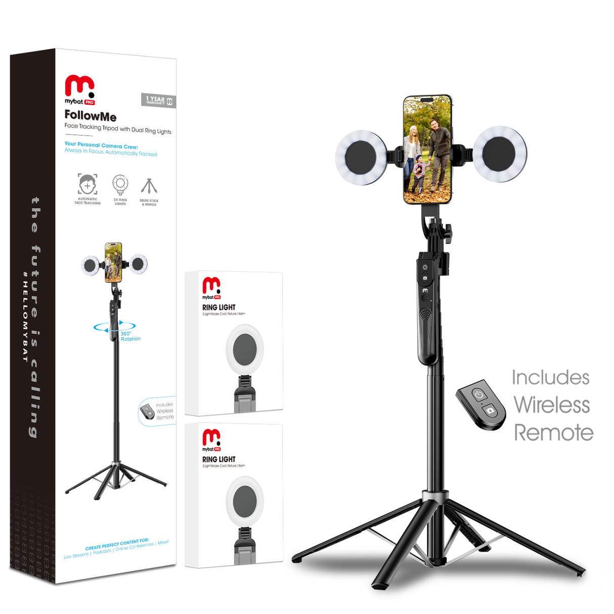 MyBat Pro FollowMe Face Tracking Tripod with Dual Ring Lights – Black