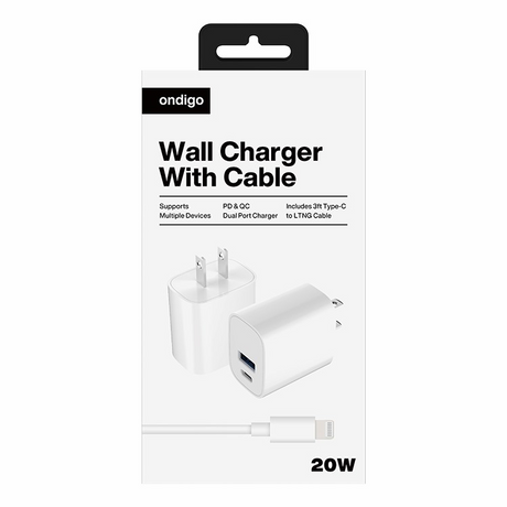 20W Type C PD QC+ USB A Wall Charger w 3ft LTNG Cable