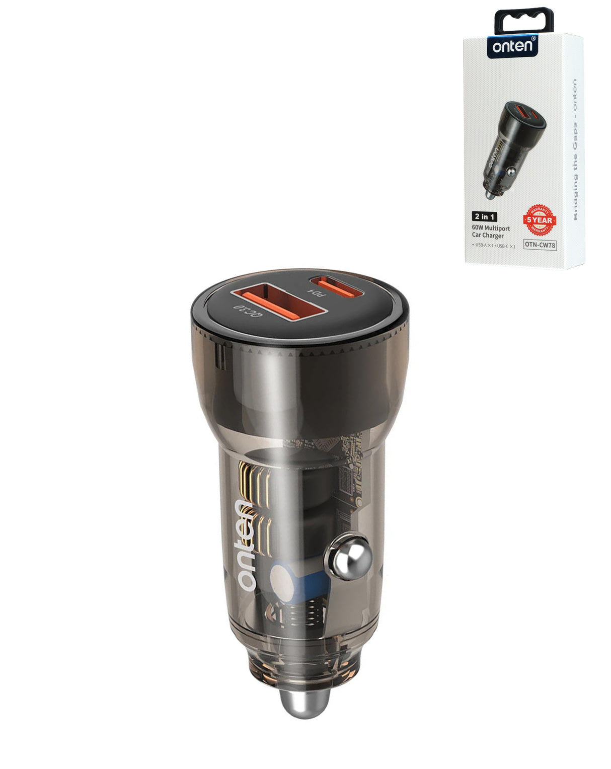Onten USB C+A Transparent Dual Car Charger (60W)