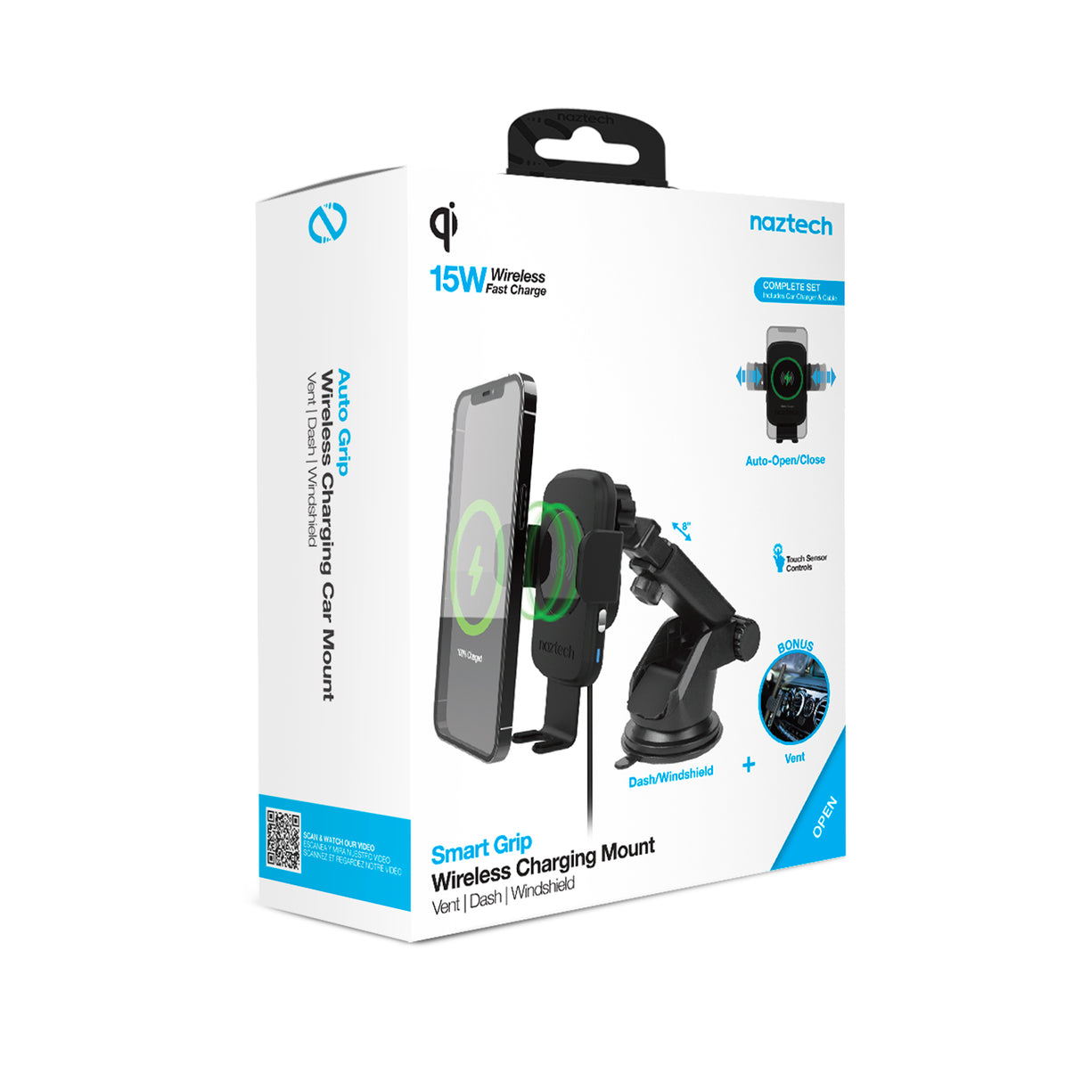 NAZTECH Smart Grip 15W sem fio de carregamento rápido suporte para ventilação + painel + pára-brisa preto
