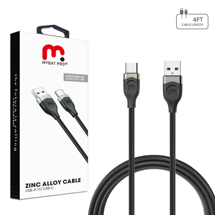 Cable de carga rápida de aleación de zinc MyBat Pro USB-A a USB-C - 4 pies - Negro